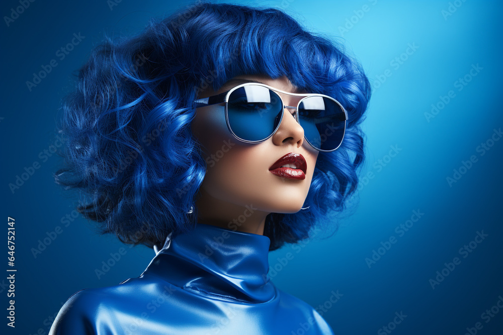 A young woman with a blue glasses and blue hair wearing dark blue on a blue background A young woman with a blue glasses and blue hair wearing dark blue on a blue background