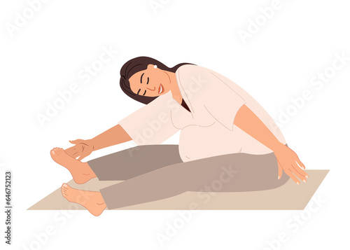 Young Pregnant Woman do Sport and Stretching to the feets,Realxing in Yoga Practice.Preparation for childbirth Exercises.Female Calmimg,Practising Meditation.Training Class.People Vector Illustration photo