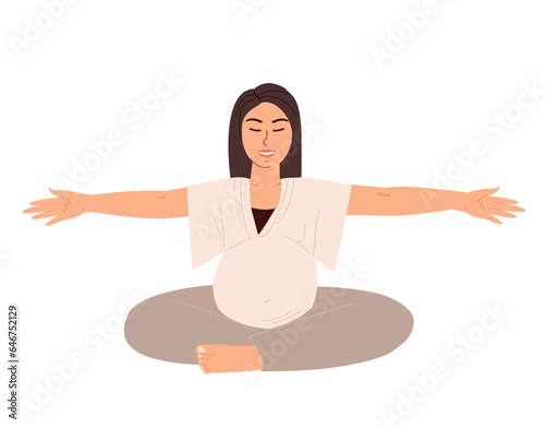 Young Pregnant Woman Stretching,Realxing in Engage Yoga Practice , Preparation for Childbirth.Female Calmimg,Meditating,Practising Asana.Pilates Workout,Training Class.Flat People Vector Illustration photo