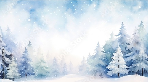 Watercolor snow-covered landscape in the daytime, mountain landscape with a pine forest and snow for winter background. © Ivrin