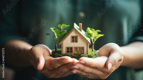 Eine Person hält ein Miniatur-Haus mit Begrünung in ihren Händen, Immobilienkonzept oder Wohnungsbaudarlehen für Investoren, das erste eigene Haus, Kauf einer Immobilie