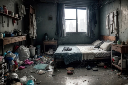 Room in a slum with a dirty bed with a pillow and a blanket, pots, broken bottles, a pile of garbage, dirt, plastic and food waste. Drug addiction and alcoholism concept. Generative AI