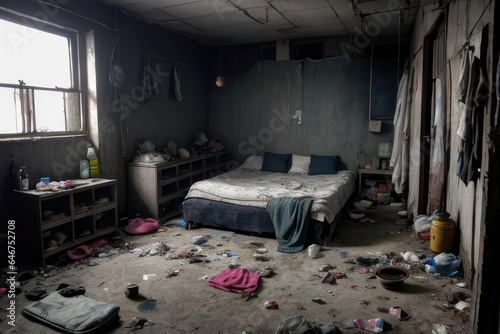 Room in a slum with a dirty bed with a pillow and a blanket, pots, broken bottles, pile of garbage, dirt, plastic and food waste. Drug addiction and alcoholism concept. Generative AI
