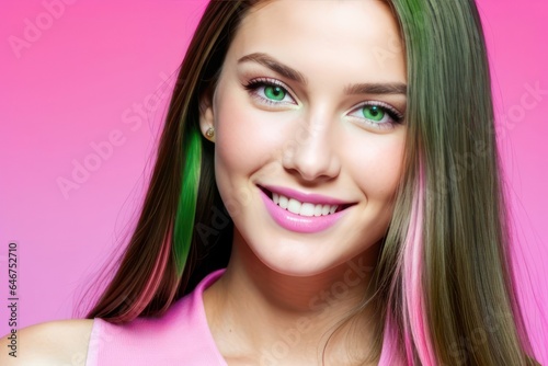 Portrait beautiful green eyes model woman with white teeth smile, healthy long hair and beauty skin on pink background. Concept of advertising dentist and facial care. Generative AI