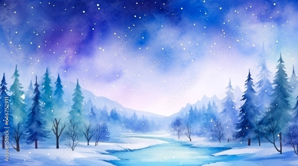 Watercolor winter twilight Landscape with pine tree and snow, Evening Landscape or dusk Scenery, for winter background.