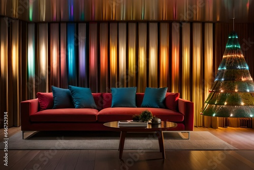 Multicolored Christmas lights suspended in a cozy living room, casting a warm