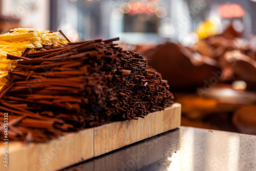 Pieces of chocolate on the counter. Close up. © silvapinto