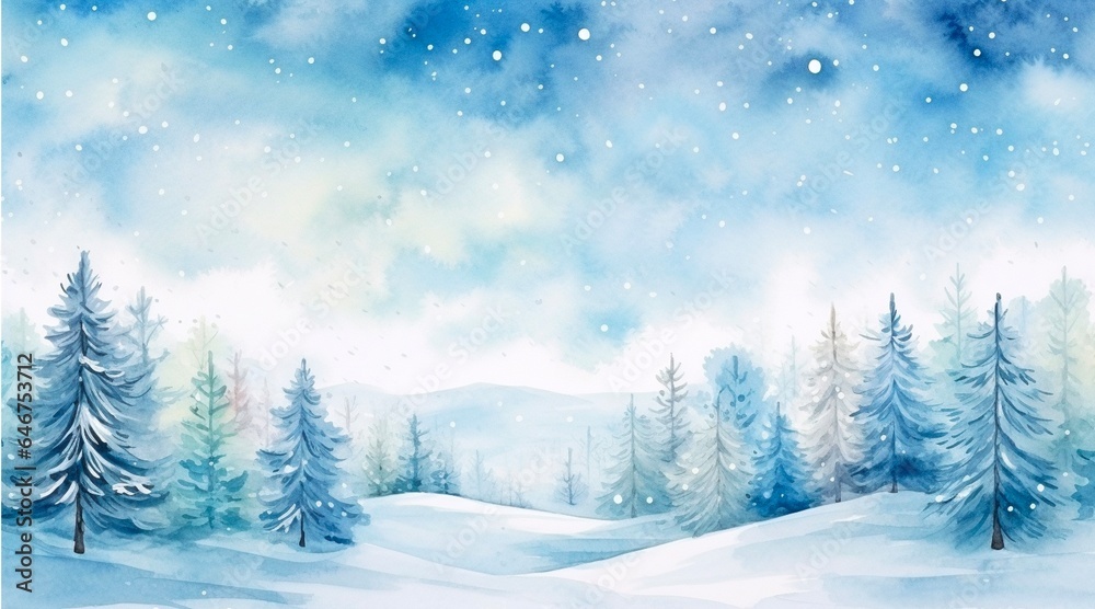 Watercolor winter twilight Landscape with pine tree and snow, Evening Landscape or dusk Scenery, for winter background.