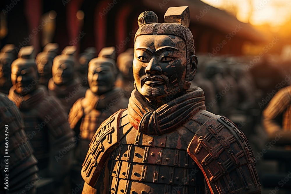 Terracotta Army: Rows of terracotta soldiers guarding the tomb of China's first emperor.Generated with AI - obrazy, fototapety, plakaty 