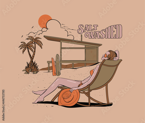 women sleeping on beach chair vector, girl relaxing on beach resort, lady in bikini on palm beach, summer beach artwork for t shirt, sticker, graphic print