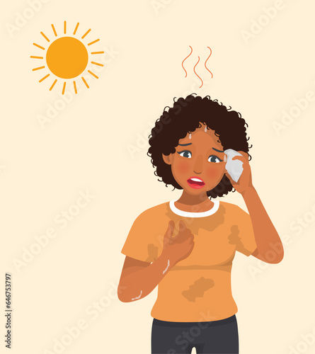 Young African woman sweating suffering from heat stroke under very hot sunny day