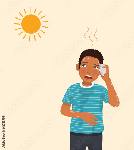 African man suffering from heat stroke sweating under hot sunny day