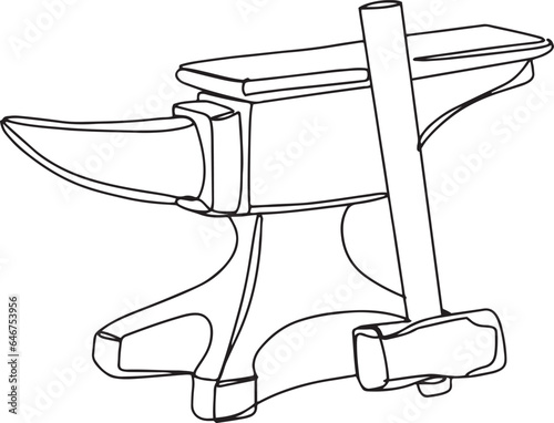 Hand-Drawn Blacksmithing Tools: Anvil, Hammer, Pliers Sketch, Vintage Metalworking Equipment: Blacksmith's Anvil and Hammer