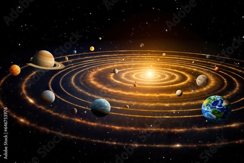 Our 3d Solar system with planets in orbits path. 