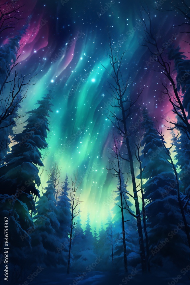 Fototapeta premium Magic Christmas trees forest in winter with northern lights Generative AI