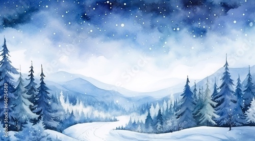 Watercolor winter mountain landscape with pine tree and snow, Night Sky Landscape with Stars, for winter background. © Ivrin