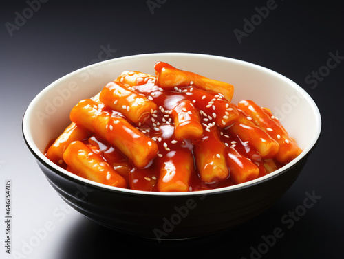Bowl of Korean rice cake, Korean street food spicy rice cakes in red sauce,  tkeokbokki or topokki  photo