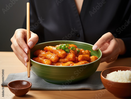 Woman eating bowl of Korean rice cake, Korean street food spicy rice cakes in red sauce,  tkeokbokki or topokki  photo