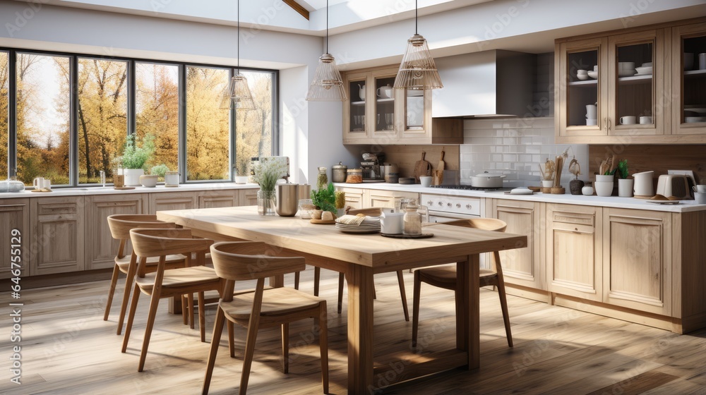 Fototapeta premium Modern kitchen interior with bright shades and classic style wooden table
