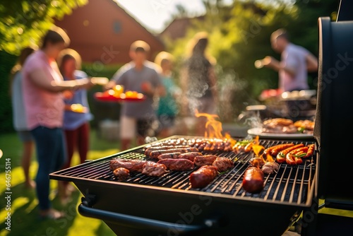 Barbecue grill during party at backyard with blured a lot of friends morning