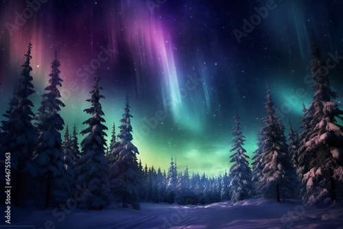 Magic Christmas trees forest in winter with northern lights Generative AI