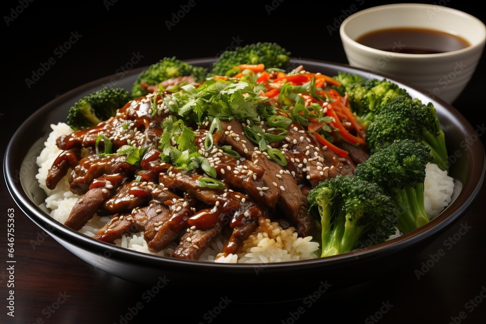Chinese black pepper beef and broccoli stir-fry served in a light bowl Chinese black pepper beef and broccoli stir-fry served in a light bowl