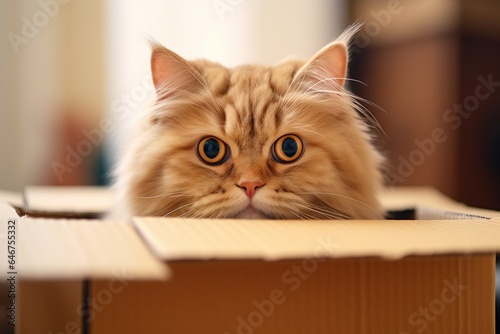 the cat looks out of the moving box. The concept of relocation with a pet