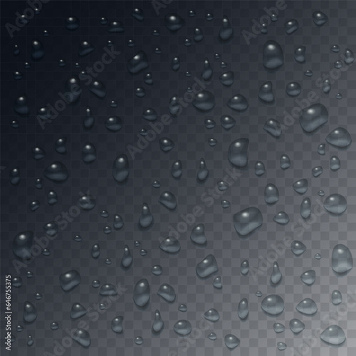 Drops of water rain on a dark window surface. Abstract wet texture, dew, condensate from a shower steam or fog on a transparent background. Realistic 3D vector illustration.