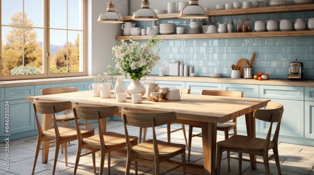 Modern kitchen interior with bright shades and classic style wooden table