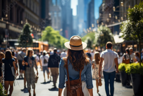A beautiful woman walking down a street in a busy city in summer
