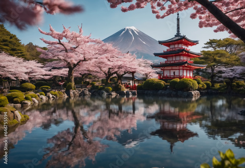 Pagode and Mount with cherry blossom tree during spring season. Generative AI