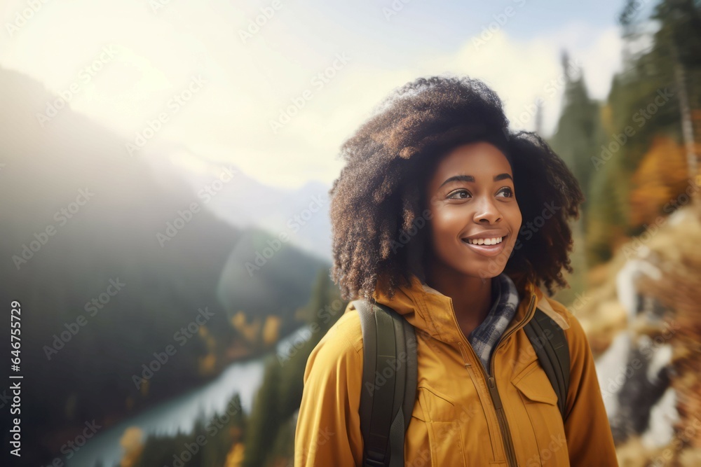 African woman hiking mountains. Generate Ai