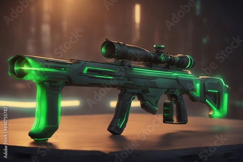 a futuristic sniper rifle, glowing green