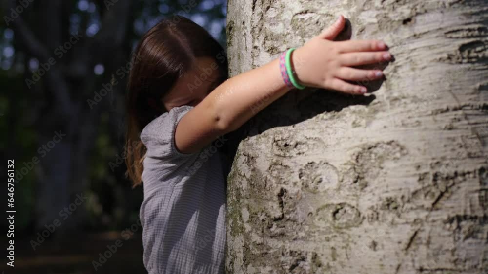 Little girl embracing tree in the forest. Environmental education concept Little girl embracing tree in the forest. Environmental education concept