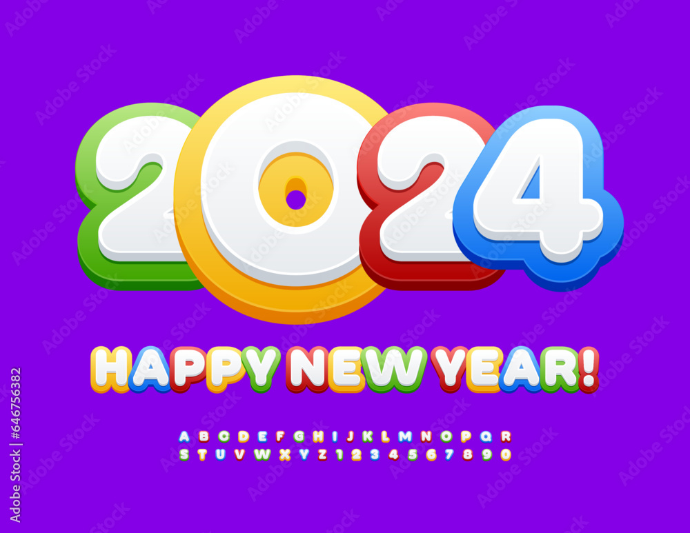 Vector cute Greeting Card Happy New Year 2024! Childish set of Alphabet Letters and Numbers. Colorful and White funny Font