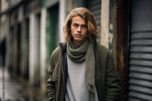 Street Portrait of a Fictional Handsome Nordic Male Model Wearing Grunge Style Casual Clothes. Generative AI.