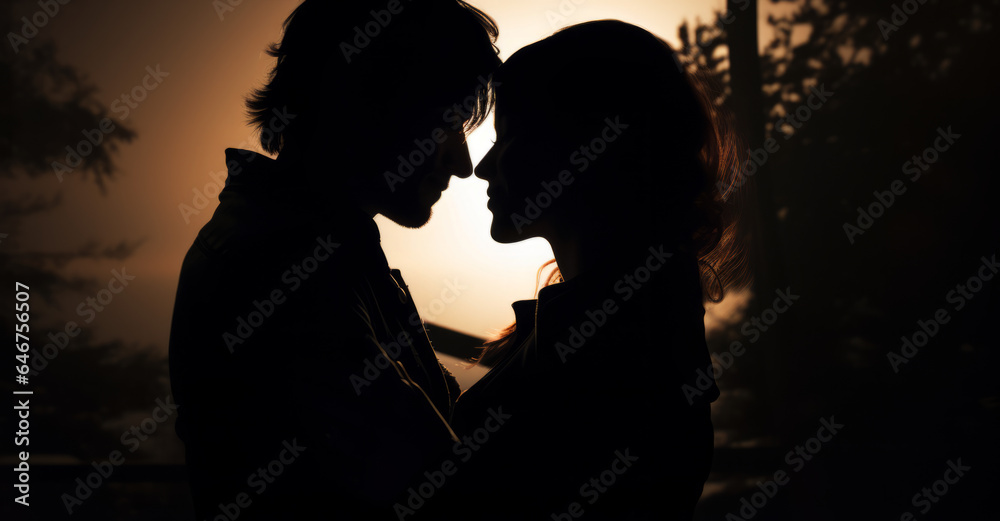 Silhouette of a couple in love at night on the background outdoors under the moon Silhouette of a couple in love at night on the background outdoors under the moon