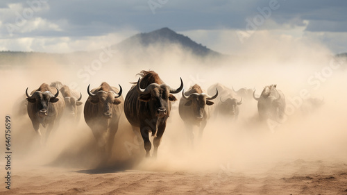 A herd of bulls runs through the desert