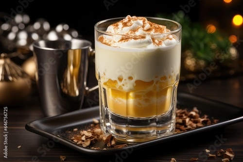 A close-up of a glass of eggnog, topped with whipped cream and nutmeg. The eggnog is creamy and smooth, with a rich, custardy flavor. The whipped cream is light and fluffy