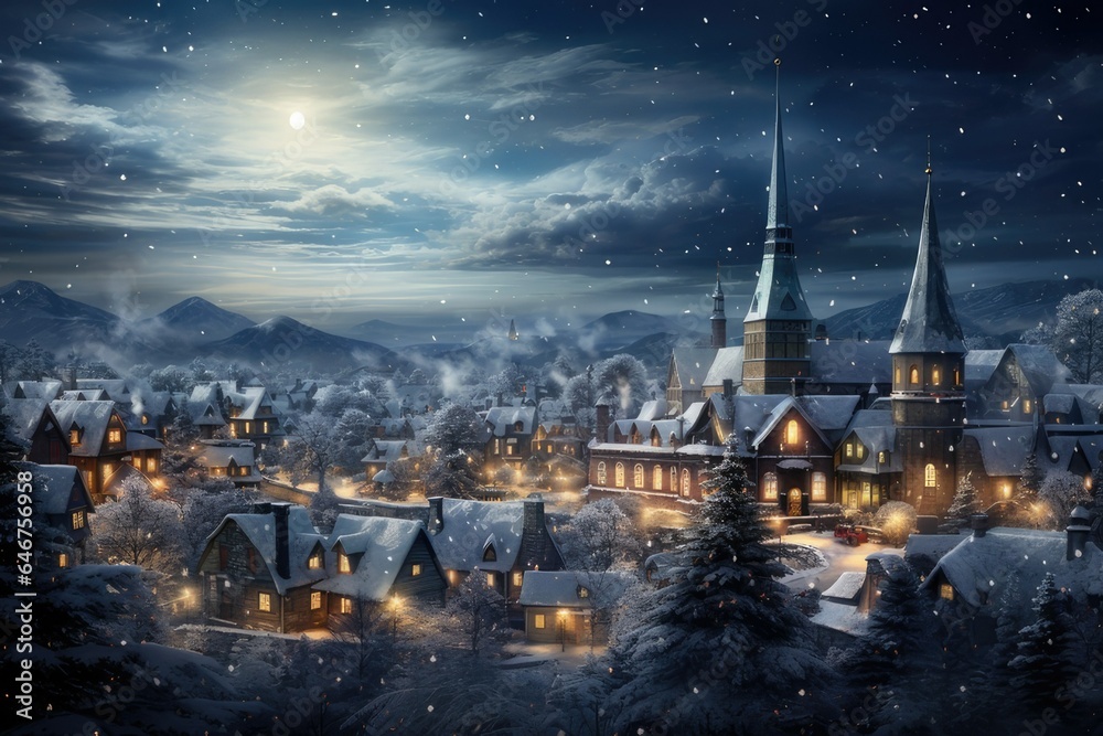 A snowy winter landscape, with a small town in the distance. The town is decorated for Christmas, with lights and decorations everywhere. The snow is falling gently, creating a winter wonderland.