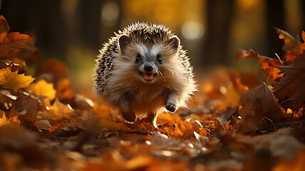 freedom the hedgehog runs through the autumn forest dynamic scene leaves fly around the onset of autumn changes