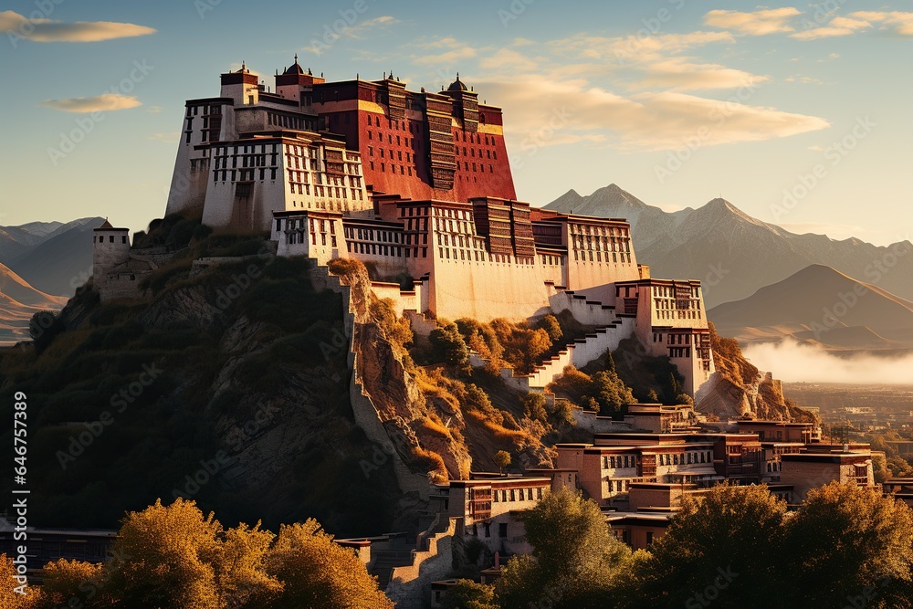 The Potala Palace: A stunning Tibetan palace with golden roofs against a clear blue sky.Generated with AI - obrazy, fototapety, plakaty 