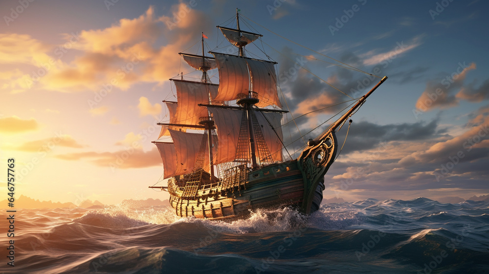 sailing ship at a beautiful sunset during a storm