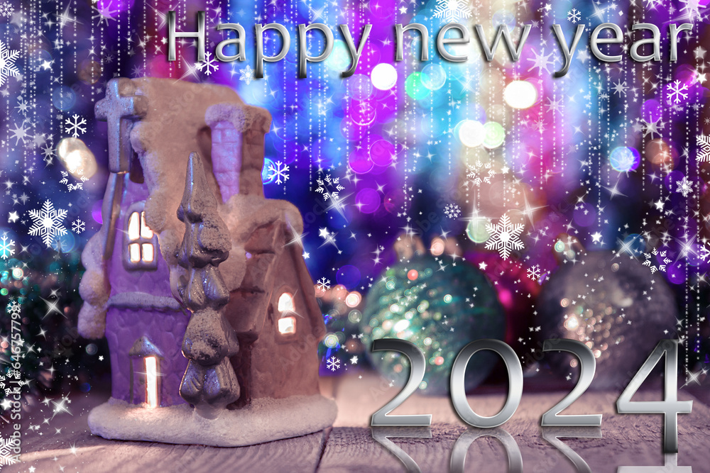 Eve new year 2024 holidays, winter, cards, congratulation, bokeh, night