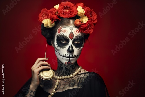 Portrait of Mexican Catrina in Sugar skull makeup with roses on head for celebrationof day of dead Dia de los muertos 