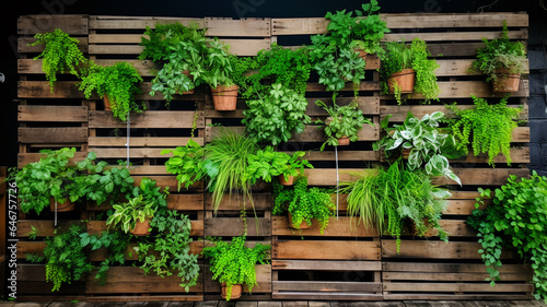decorative wooden pots with green plants on the shelves