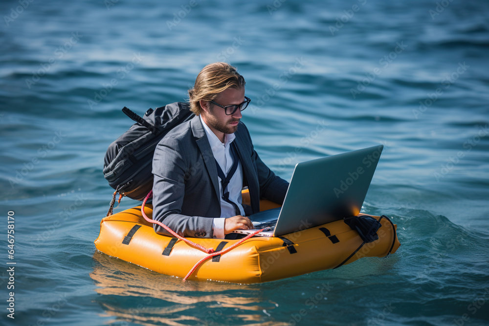 Businessman working on laptop on life raft
