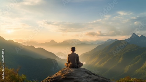 Mountain Peak Meditator: A mountain peak meditator finds serenity at the summit © artem