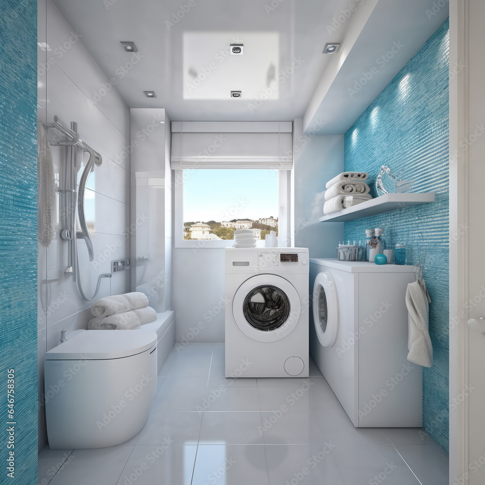 Laundry room with washing machine and blue curtains, 3d render. Laundry room with washing machine and basket of clothes, AI generated Laundry room with washing machine and blue curtains, 3d render. Laundry room with washing machine and basket of clothes, AI generated