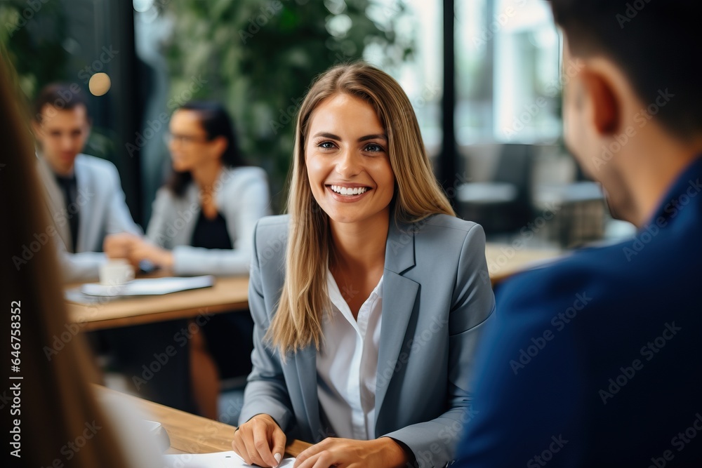 Portrait of a smiling businesswoman sitting at a table in office Portrait of a smiling businesswoman sitting at a table in office